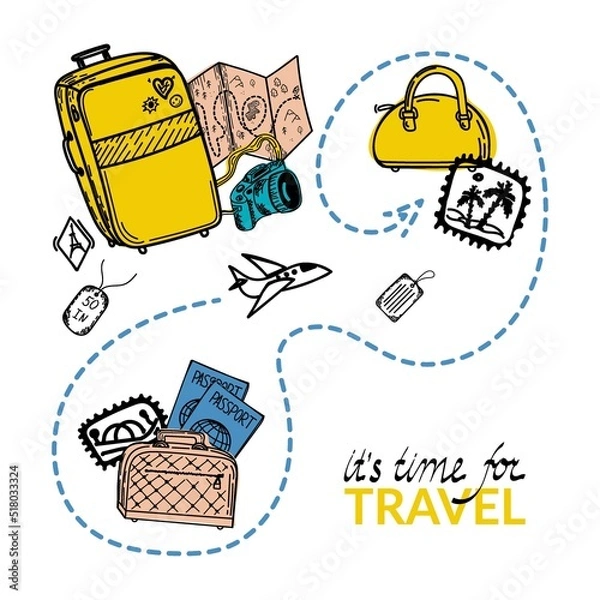 Obraz Time to Travel. Motivational header. Travel banner with cartoon suitcase, passports and luggage. Flying plane on vacation. Stamps with palm trees. Vector illustration in flat design. Family travel.