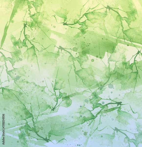 Fototapeta Watercolor blue, green background, blot, blob, splash of blue, green paint. Watercolor brown spot, abstraction. Wild grass, bushes, flower country abstract landscape, marble. Watercolor abstract card