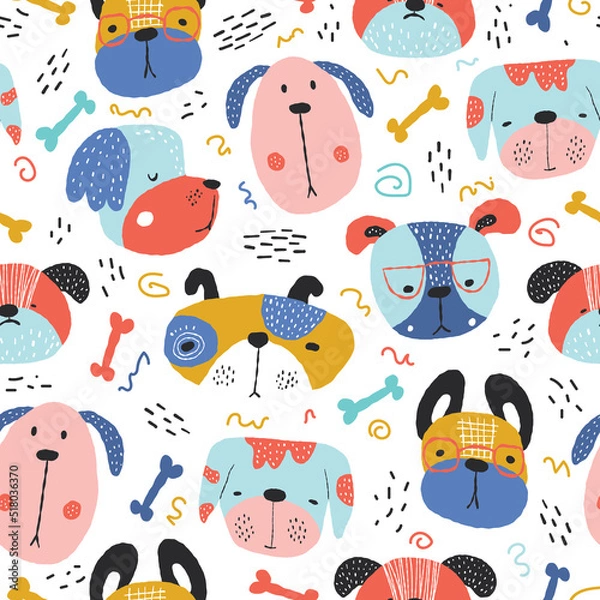 Fototapeta Childish seamless pattern with funny creative dogs. Creative childish texture in scandinavian style. Great for fabric, textile Vector Illustration.