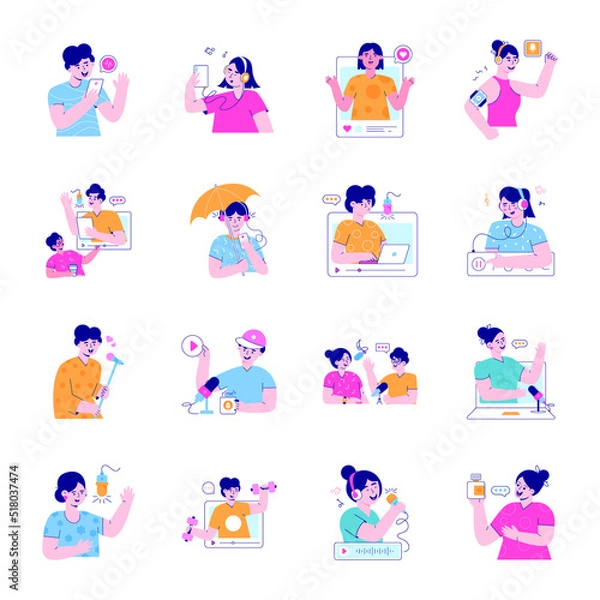 Fototapeta Collection of Podcast Recordings Flat Illustrations


