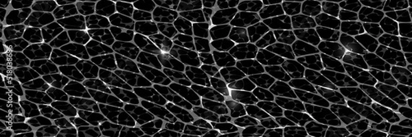 Obraz Top view of liquid surface with caustic ripples on black background. The texture of the water with sun glare. Transparent imitation of liquid movement under illumination