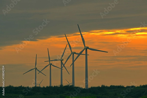 Obraz Sunset scene on the beach. Windmills in the queue.