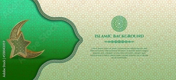 Obraz Islamic horizontal banner with luxury border frame, Arabic pattern background, crescent moon, and 3d stars. Perfect for Islamic celebrations: happy Muharram, Ramadan Kareem or eid al Fitr, eid al Adha