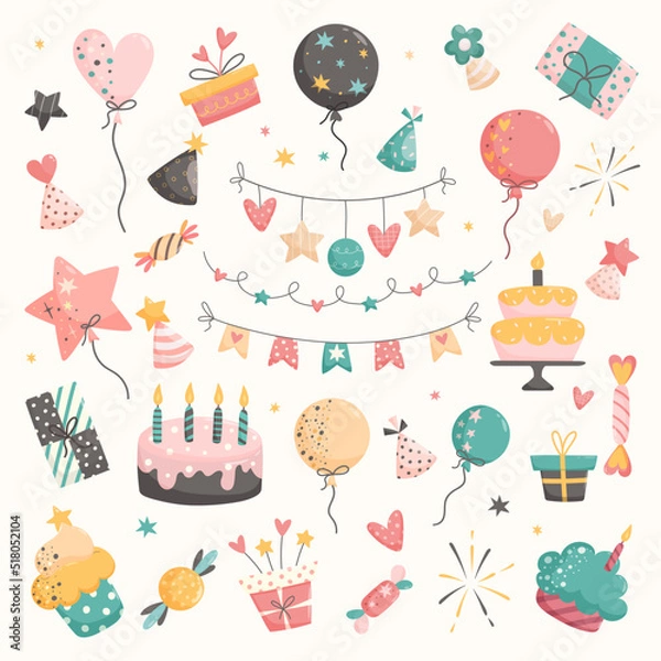 Obraz Set of vector birthday party elements on white background. Vector illustration in hand drawn flat style.