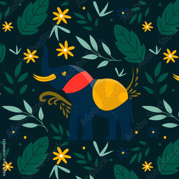 Obraz Cute Elephant with Flower Pattern on Dark Background