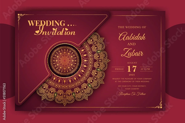 Obraz Luxury Mandala Wedding Invitation Card template with golden arabesque pattern Arabic Islamic east background style. Editable vector file. Decorative mandala for print, poster, cover, flyer, banner
