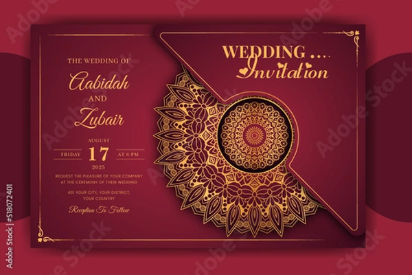 Obraz Luxury Mandala Wedding Invitation Card template with golden arabesque pattern Arabic Islamic east background style. Editable vector file. Decorative mandala for print, poster, cover, flyer, banner