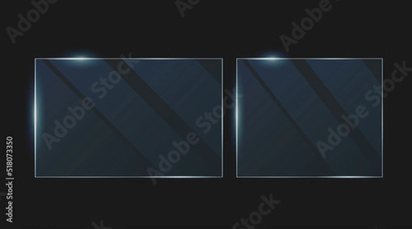 Fototapeta Vector plastic and acrylic glass mockup with glow light reflection on the edge of frame. Window, screen or plate  with shiny glare effect on a transparent dark blue background.