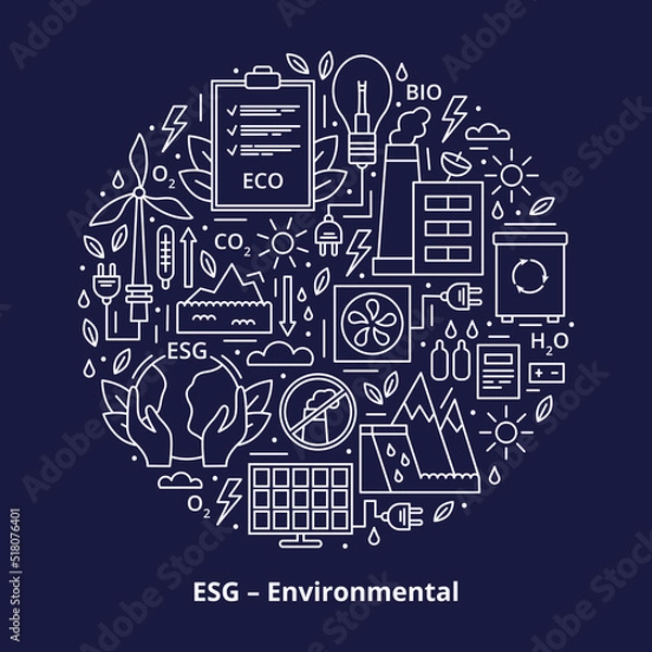 Fototapeta Set of ESG, ECO, BIO icons. ESG environmental criteria, icons placed in the form of a circle. Vector illustration isolated on dark background.