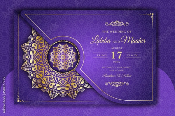 Obraz Luxury Mandala Wedding Invitation Card template with golden arabesque pattern Arabic Islamic east background style. Editable vector file. Decorative mandala for print, poster, cover, flyer, banner