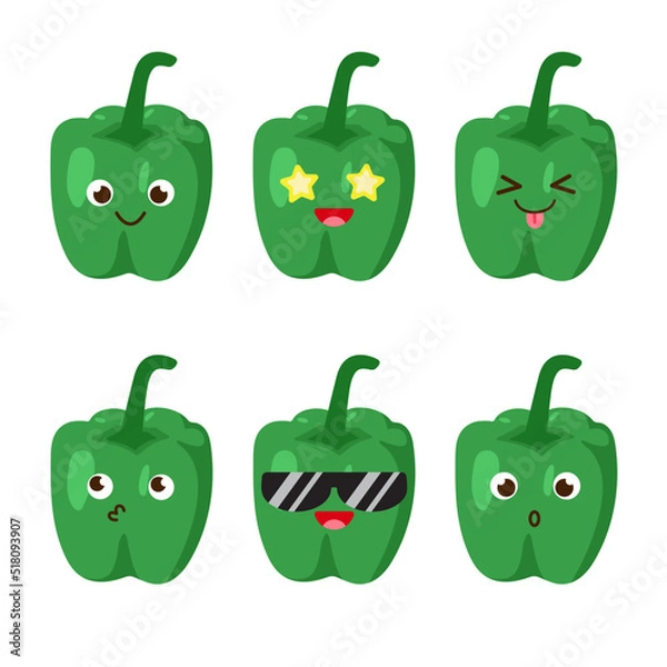 Fototapeta Set of paprika emojis. Kawaii style icons, vegetable characters. Vector illustration in cartoon flat style. Set of funny smiles or emoticons. Good nutrition and vegan concept. illustration for kids. 