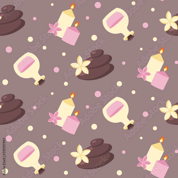 Fototapeta Seamless pattern with SPA and beauty care elements. Meditation, relaxation, health care and massage concept. Endless design in pastel light colors. Print for textile, wrapping paper, beauty shop. 