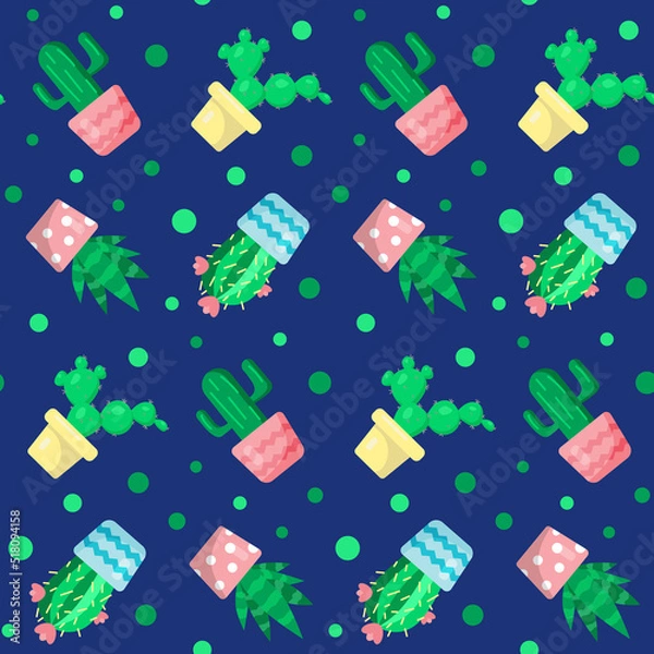 Fototapeta Seamless pattern with green cactuses in pots. Funny cartoon print. Home and domestic plants, cozy and cute background. Print for textile, gift wrap, clothes, design and decor. 