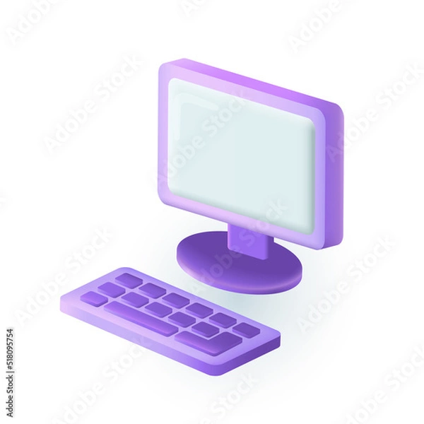 Fototapeta Computer with keyboard icon in 3d style. Colorful realistic PC with blank monitor on white background flat vector illustration. Cyberspace, internet, device, gadget, technology concept