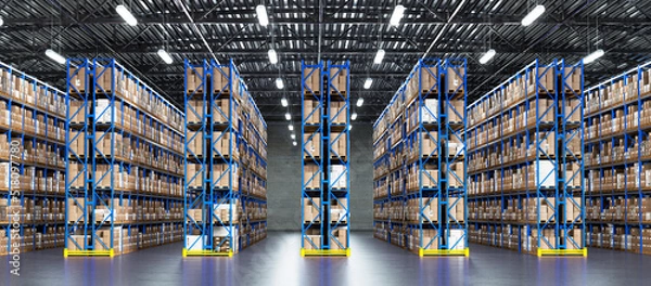 Obraz Warehouse Scene with Shelves and Cardboard Boxes. Logistics Concept. 3D illustration 