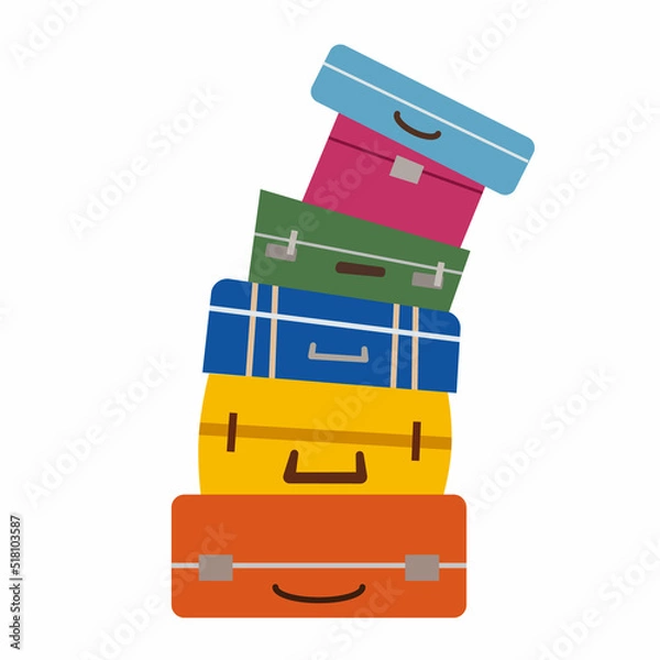 Fototapeta Bright suitcases are stacked on top of each other. Vector illustration of luggage in a flat style.