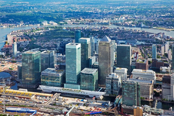 Fototapeta Aerial view of the Canary Wharf banking and finance district in East London