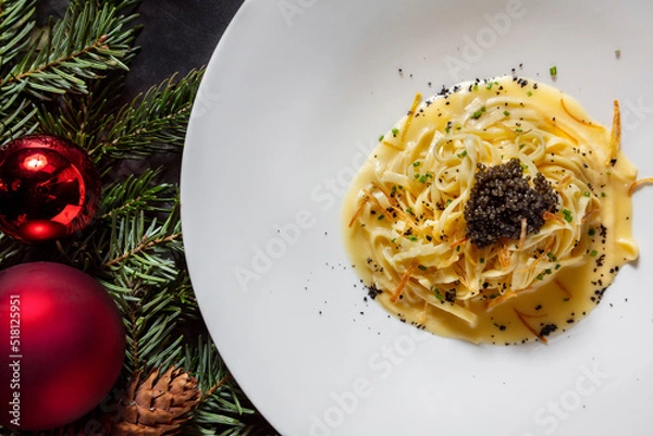 Obraz Spaghetti with sauce, sweet potatoes and black caviar
