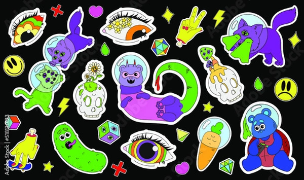 Obraz A set of psychedelic stickers with space animals in helmets, psychedelic skulls and eyes, hands with protruding bones and strange vegetables. Surrealism