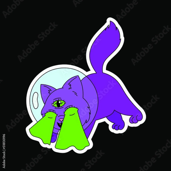 Fototapeta A cute kitten with purple fur and three eyes in a helmet from a spacesuit, shoots green lasers from its eyes. Psychedelics, surrealism
