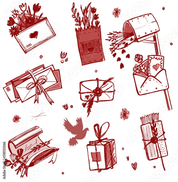 Fototapeta Vector set of 9 romantic illustrations (greeting cards, postal envelopes, package, mailbox).
