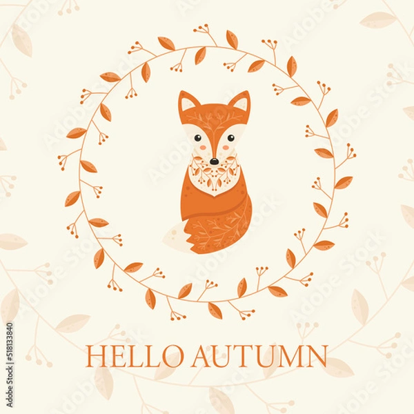 Obraz Cute Red Fox with Ornament on Wool Greeting Card Template Hello Autumn