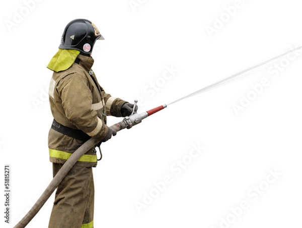 Fototapeta Firefighter working with fog nozzle