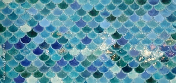 Fototapeta Beautiful mosaic tiles in a marine style. Tile with a sea pattern. Blue tiles with a geometric pattern of scales. 