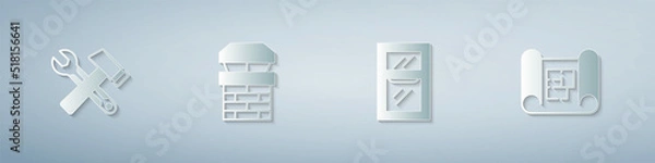 Obraz Set Hammer and wrench spanner, Chimney, Window in room and House plan. Paper art style. Vector