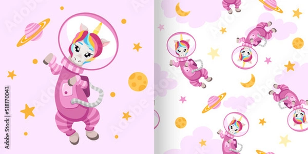 Fototapeta Seamless pattern with Unicorn astronaut in the open space on light white background for children wallpaper textile print or for nursery design. Vector cartoon illustration