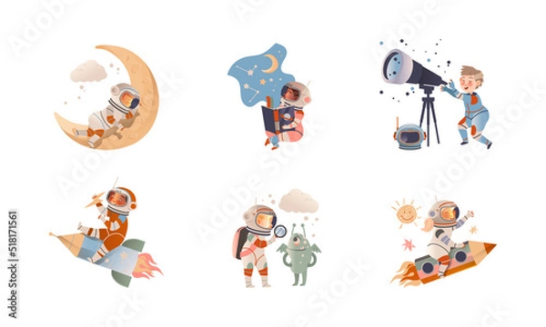 Fototapeta Preschool kids on flying on rocket and reading books about space set. Cute children dreaming of becoming astronauts vector illustration