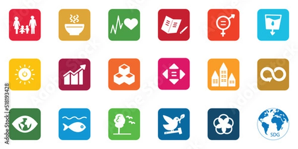 Obraz 17 Sustainable Development Goals set by the United Nations General Assembly, Agenda 2030. Isolated icon set. Vector illustration EPS 10
