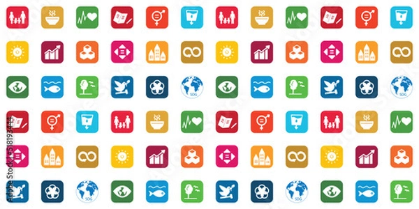 Obraz Sustainable Development Goals set by the United Nations General Assembly, Agenda 2030. Seamless pattern with isolated SDG icons. Vector illustration EPS 10, editable, without clipping mask