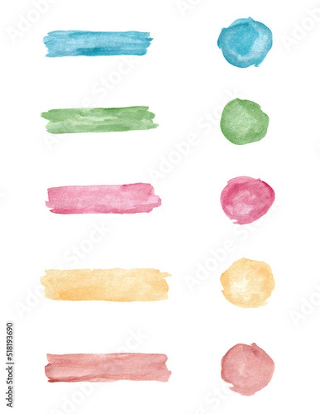 Fototapeta Colorful lines and circle watercolor painting set - hand drawn brush strokes isolated on white background