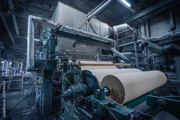 Fototapeta Paper production machine in wastepaper recycling factory. Paper and pulp mill.