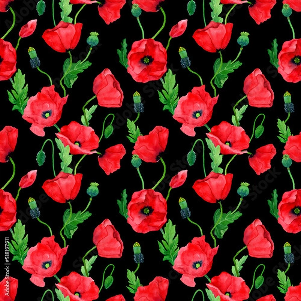 Fototapeta Watercolor hand drawn poppies seamless pattern. Botany illustration of red poppy. Field of red flowers. Design for background, packaging, cover, decor, textile elements.