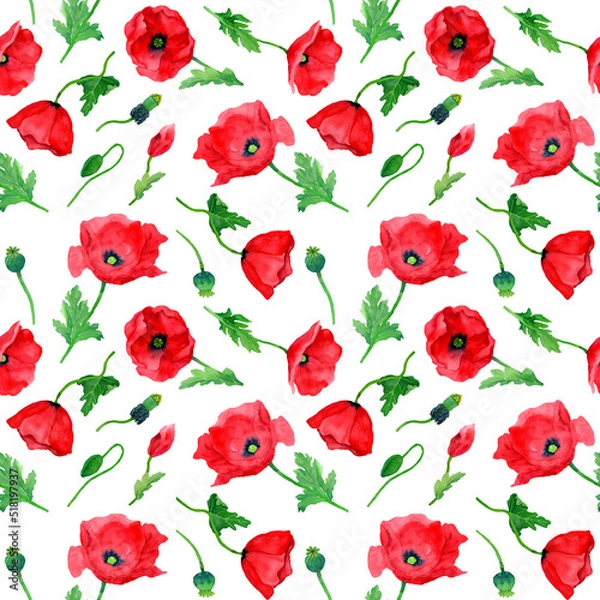 Fototapeta Watercolor hand drawn poppies seamless pattern. Botany illustration of red poppy. Field of red flowers. Design for background, packaging, cover, decor, textile elements.