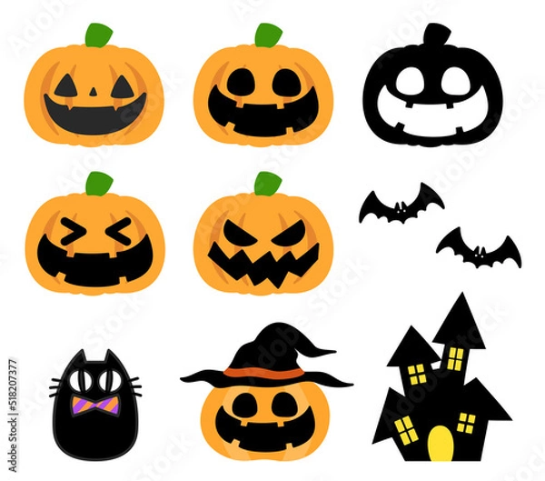 Obraz ハロウィンで使えるかぼちゃ、こうもり、家、ねこなどの白フチのあるイラストセット。