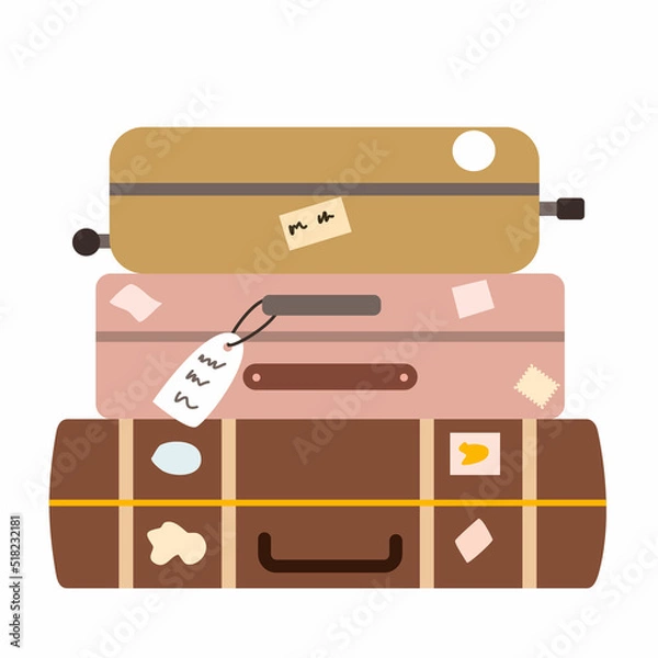 Fototapeta Bright suitcases are stacked on top of each other. Vector illustration of luggage in a flat style.