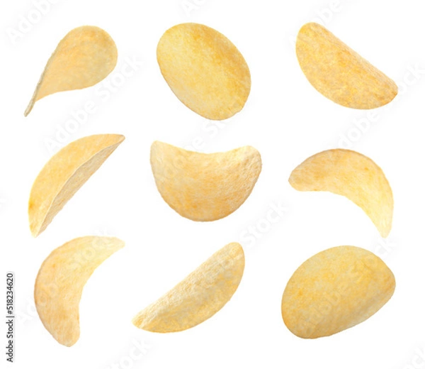 Fototapeta Set of fried crispy potato chips on white background