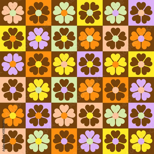 Fototapeta Vintage stylised flowers, placement by grid. Cheerful floral surface design print in old school 60s, 70sColorful retro background. Geometric abstract seamless pattern .