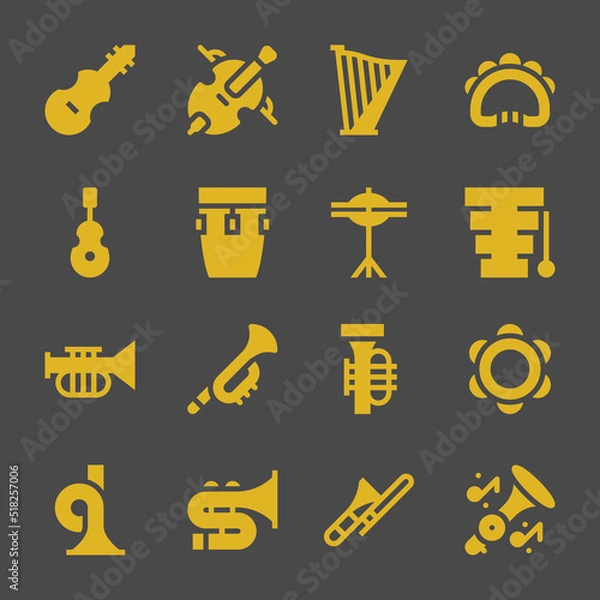 Fototapeta orchestra web icons. Fiddle and Cello, Tambourine and Xylophone symbol, vector signs