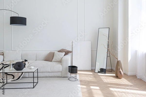 Obraz super white simple clean and stylish interior with modern furniture in nude color and contrasting black elements. luxury design of a large bright room living room