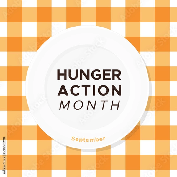 Fototapeta Hunger Action month. September. Empty white plate with text. Orange gingham. Vector illustration, flat design