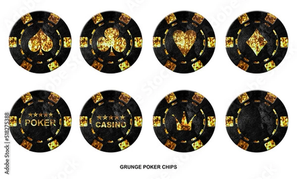 Obraz Set vintage, grunge poker chip, isolated on white background. Different suits. Design element. Gambling
