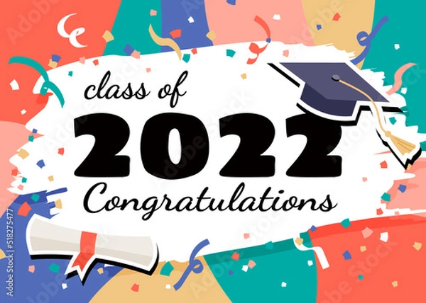 Fototapeta Celebration class of 2022 graduation banner with colorful confetti and ribbons