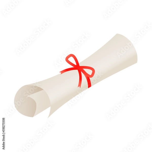 Fototapeta Diploma scroll with red bow on isolated white background Rolled paper Vector illustration