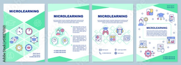 Obraz Microlearning approach green brochure template. E learning. Leaflet design with linear icons. Editable 4 vector layouts for presentation, annual reports. Arial-Black, Myriad Pro-Regular fonts used