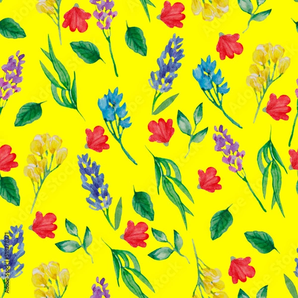 Fototapeta Watercolor hand drawn simple flowers, flourish pattern, different wildflowers, bright yellow background, salad color, botanical backdrop, multicolor flowers