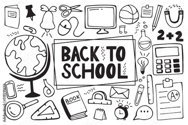 Fototapeta Hand-drawn set of school icons decoration background pattern vector illustration.